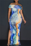 Casual Graphics Print Off Shoulder Side Slit Long Formal Party Evening Bodycon Maxi Dresses