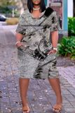Casual Graphics Print V Neck Short Sleeve Pockets Loose T Shirt Midi Dresses