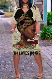 Casual Graphics Print V Neck Short Sleeve Pockets Straight Loose T Shirt Midi Dresses