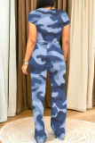 Casual Camouflage Print O Neck Short Sleeve Pocket Crop Tops And Wide Leg Pants Two Pieces Trouser Set