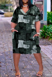 Casual Graphics Print V Neck Short Sleeve Pockets Loose T Shirt Midi Dresses