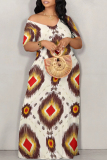Casual Graphics Print Off Shoulder Short Sleeve Floor Length Loose Vacation Maxi T-shirt Dresses