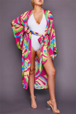 Casual Graphics Print Long Cardigan Belted Vacation Beach Swimwears Cover Up