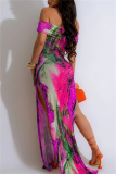 Casual Graphics Print Off Shoulder Side Slit Long Formal Party Evening Bodycon Maxi Dresses