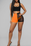 Sexy Colorblock U Neck Backless Sleeveless See-Through Tank Crop Tops And Mesh Shorts Vacation Beach Bikini Three-Piece Shorts Set
