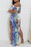 Casual Graphics Print Off Shoulder Side Slit Long Formal Party Evening Bodycon Maxi Dresses