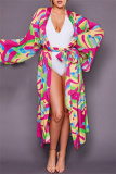 Casual Graphics Print Long Cardigan Belted Vacation Beach Swimwears Cover Up