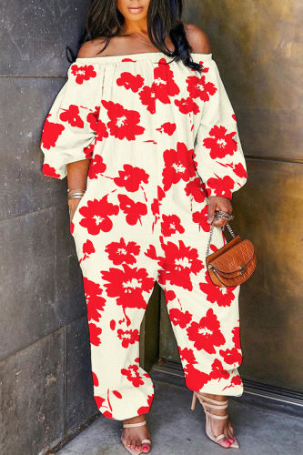 Casual Floral Print Off Shoulder Long Sleeve Regular Vacation Harem Leg Jumpsuits