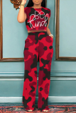 Casual Camouflage Print O Neck Short Sleeve Pocket Crop Tops And Wide Leg Pants Two Pieces Trouser Set