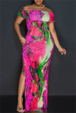 Casual Graphics Print Off Shoulder Side Slit Long Formal Party Evening Bodycon Maxi Dresses