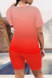 Casual Letter Gradient Print O Neck Short Sleeve Oversize T-shirt And Shorts Two Pieces Shorts Sets