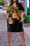 Casual Graphics Print V Neck Short Sleeve Pockets Straight Loose T Shirt Midi Dresses
