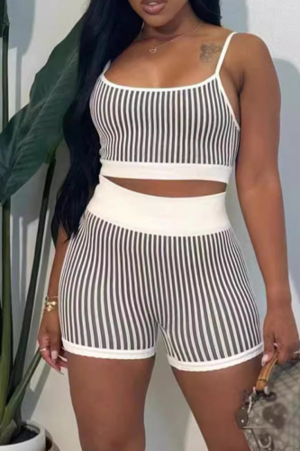 Sexy Stripe Print Backless Spaghetti Strap Sleeveless Cami Crop Tops And Shorts Two Pieces Shorts Sets