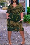 Casual Graphics Print V Neck Short Sleeve Pockets Loose T Shirt Midi Dresses