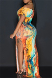 Casual Graphics Print Off Shoulder Side Slit Long Formal Party Evening Bodycon Maxi Dresses