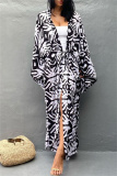 Casual Graphics Print Long Cardigan Belted Vacation Beach Swimwears Cover Up