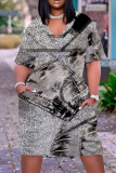 Casual Graphics Print V Neck Short Sleeve Pockets Loose T Shirt Midi Dresses