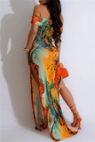 Casual Graphics Print Off Shoulder Side Slit Long Formal Party Evening Bodycon Maxi Dresses