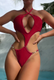 Sexy Print Hollow Out Backless Belted One Piece Swimsuit Vacation Beach Swimwears