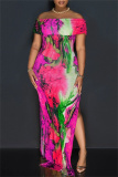 Casual Graphics Print Off Shoulder Side Slit Long Formal Party Evening Bodycon Maxi Dresses