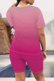 Casual Letter Gradient Print O Neck Short Sleeve Oversize T-shirt And Shorts Two Pieces Shorts Sets