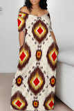 Casual Graphics Print Off Shoulder Short Sleeve Floor Length Loose Vacation Maxi T-shirt Dresses