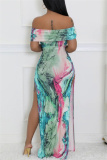 Casual Graphics Print Off Shoulder Side Slit Long Formal Party Evening Bodycon Maxi Dresses