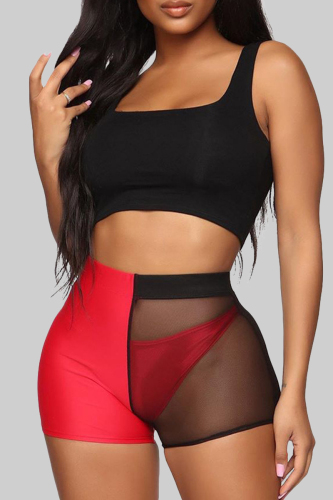 Sexy Colorblock U Neck Backless Sleeveless See-Through Tank Crop Tops And Mesh Shorts Vacation Beach Bikini Three-Piece Shorts Set