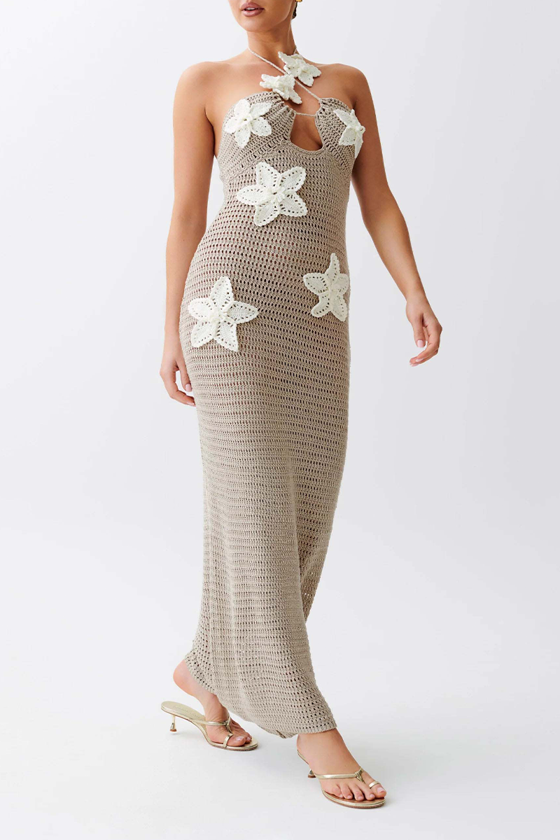 Elegant Halter Neck Bodycon Dress With Flower Dusty Sage main image 1