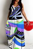 Sleeveless Graphics Print Backless Spaghetti Strap Floor Length Long Baggy Vacation Maxi Slip Dresses