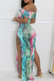 Casual Graphics Print Off Shoulder Side Slit Long Formal Party Evening Bodycon Maxi Dresses