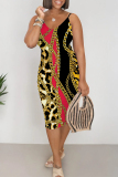 Casual Chains Leopard Print V Neck Sleeveless Bodycon Midi Tank Dresses
