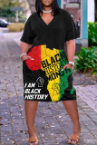 Casual Graphics Print V Neck Short Sleeve Pockets Straight Loose T Shirt Midi Dresses
