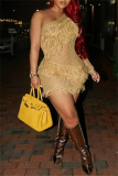 Sexy Oblique Collar Long Sleeve One Shoulder Fringed Trim Hollow Out See-Through Wrapped Skirt Evening Corchet Bodycon Mini Dresses