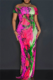 Casual Graphics Print Off Shoulder Side Slit Long Formal Party Evening Bodycon Maxi Dresses