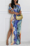 Casual Graphics Print Off Shoulder Side Slit Long Formal Party Evening Bodycon Maxi Dresses