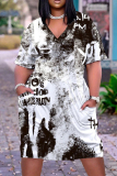 Casual Graphics Print V Neck Short Sleeve Pockets Loose T Shirt Midi Dresses