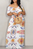 Casual Graphics Print Off Shoulder Short Sleeve Floor Length Loose Vacation Maxi T-shirt Dresses
