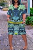 Casual Graphics Print V Neck Short Sleeve Pockets Loose T Shirt Midi Dresses