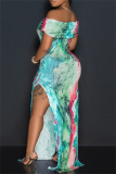 Casual Graphics Print Off Shoulder Side Slit Long Formal Party Evening Bodycon Maxi Dresses