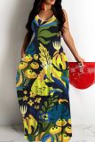 Sleeveless Graphics Print Backless Spaghetti Strap Floor Length Long Baggy Vacation Maxi Slip Dresses