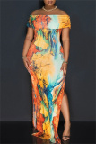 Casual Graphics Print Off Shoulder Side Slit Long Formal Party Evening Bodycon Maxi Dresses
