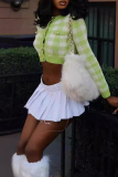 Street Plaid Print O Neck Long Sleeve Buckle Knitted Cropped Jackets