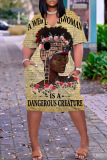 Casual Graphics Print V Neck Short Sleeve Pockets Straight Loose T Shirt Midi Dresses