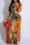 Casual Graphics Print Off Shoulder Side Slit Long Formal Party Evening Bodycon Maxi Dresses