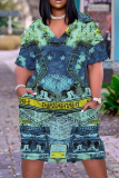 Casual Graphics Print V Neck Short Sleeve Pockets Loose T Shirt Midi Dresses