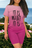 Casual Letter Gradient Print O Neck Short Sleeve Oversize T-shirt And Shorts Two Pieces Shorts Sets