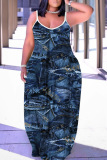 Sleeveless Graphics Print Backless Spaghetti Strap Floor Length Long Baggy Vacation Maxi Slip Dresses
