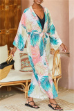 Casual Graphics Print Long Cardigan Belted Vacation Beach Swimwears Cover Up