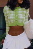 Street Plaid Print O Neck Long Sleeve Buckle Knitted Cropped Jackets
